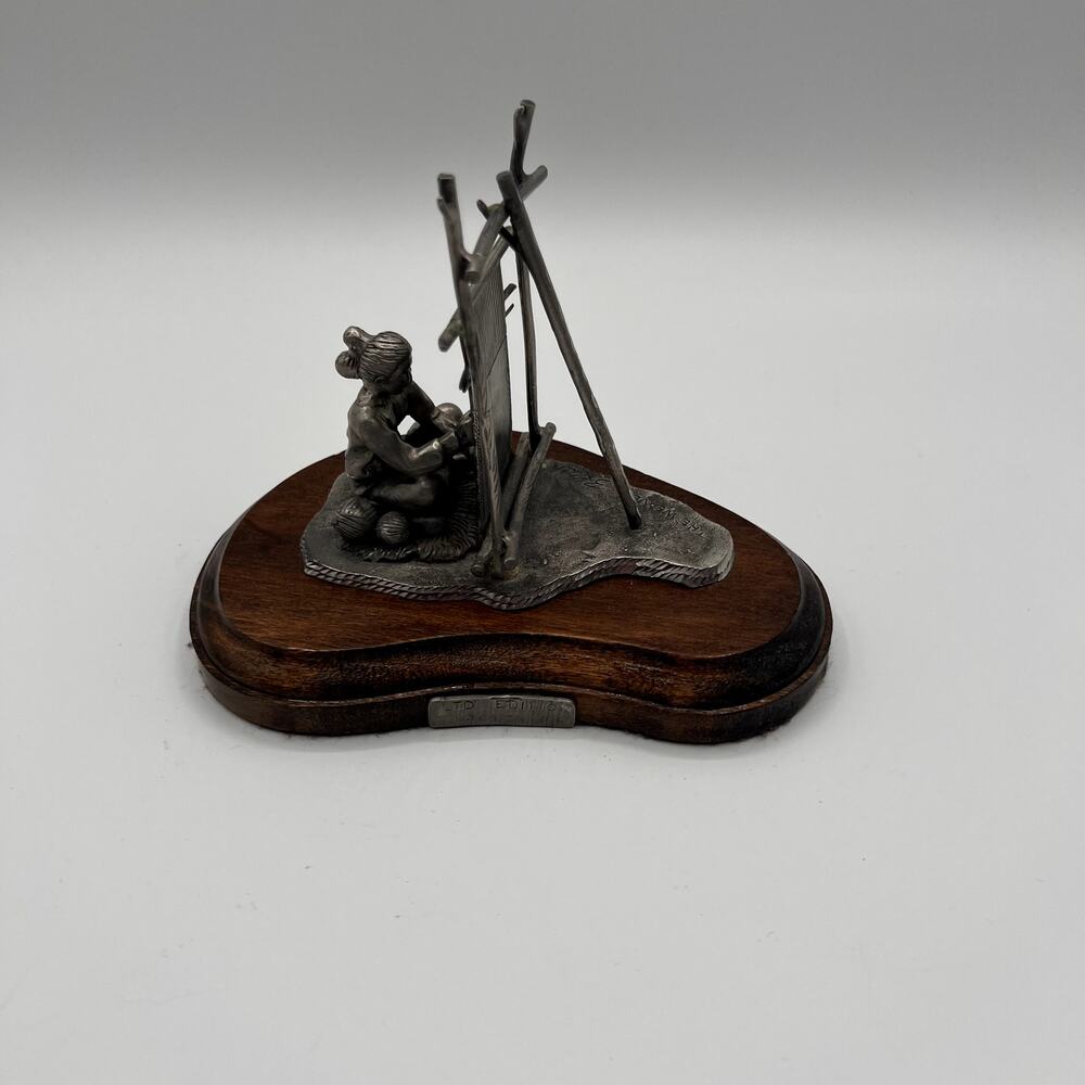 B. KAY Vtg The Weaver Fine Pweter Figurine Sculpture Wood Base